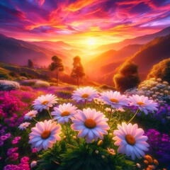 A breathtaking landscape of vibrant wildflowers blooming under a striking sunset across rolling hills.. AI Generation