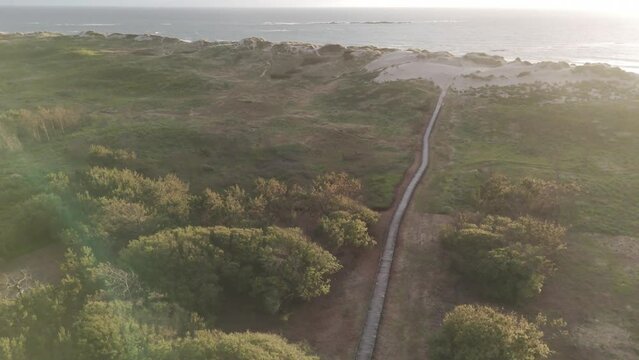 Aerial view of dunes and coastline at Ofir Beach in Esposende, Portugal.
