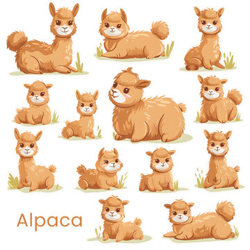 set of cute cartoon alpaca ilama character illustration in various poses. Collection for prints posters or sticker. Kids vector hand drawn illustration. Transparent background