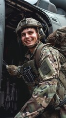 Smiling soldier in uniform getting off a military aircraft, relieved to be home, highspeed macro style