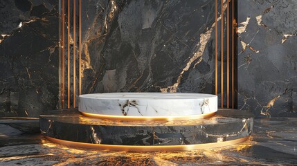 3D rendering of a black and white marble podium with golden accents. The podium is lit by a warm light.