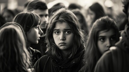 Fototapeta premium Teenager feeling isolated in a crowd, the focus on their introspective sadness amid the bustle, highspeed macro style