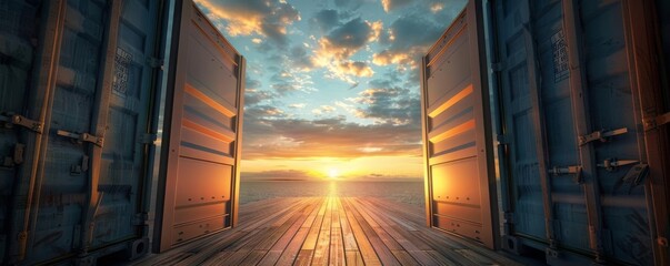 Sunset seen through the open doors of a container on a lonely quay, forced perspective style