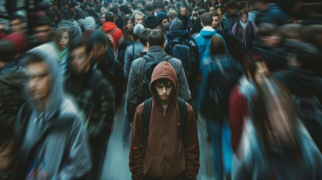 Teenager feeling isolated in a crowd, the focus on their introspective sadness amid the bustle, highspeed macro style