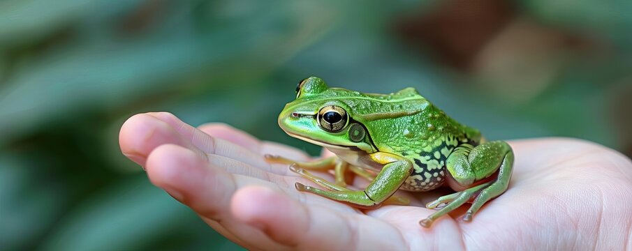 Tiny green frog on a childs hand, emphasizing the scale and delicacy, forced perspective style