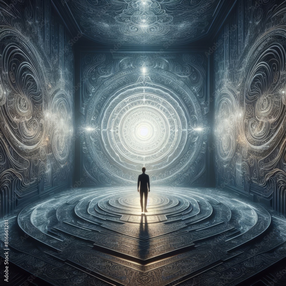 Poster a solitary figure stands before an intricate cosmic gateway, radiating light in a mesmerizing symmet
