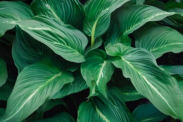 leaves of Spathiphyllum cannifolium in the garden, abstract green texture, nature dark tone background, tropical leaf .