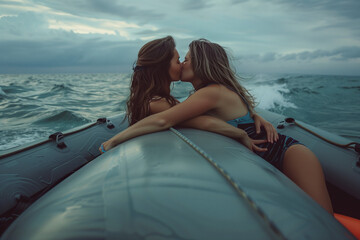 Photo of two women laying on an inflatable boat in the sea. One woman is kissing another and they both have their arms over the edge of the motorboat 