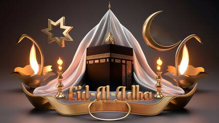 Unveiling the symbols of Eid al Adha, star and crescent, Kaaba, and oil lamps mockup template