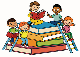 Kids sitting on stacks of books and reading.Boy and girls learning or studying.children with Back to School Concept education