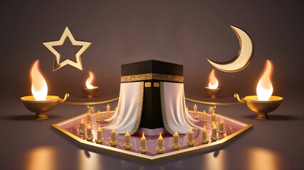 Unveiling the symbols of Eid al Adha, star and crescent, Kaaba, and oil lamps mockup template