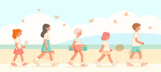 Five children are going to picnic on the nature, cartoon style