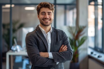 Obraz premium Smiling Young Professional in Modern Office with Arms Crossed 