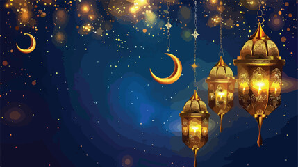Ramadan kareem golden lanterns and moon hanging Vector
