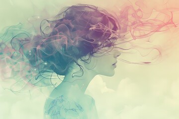 An illustration of a womans head with smoke billowing out, creating an ethereal and mysterious visual
