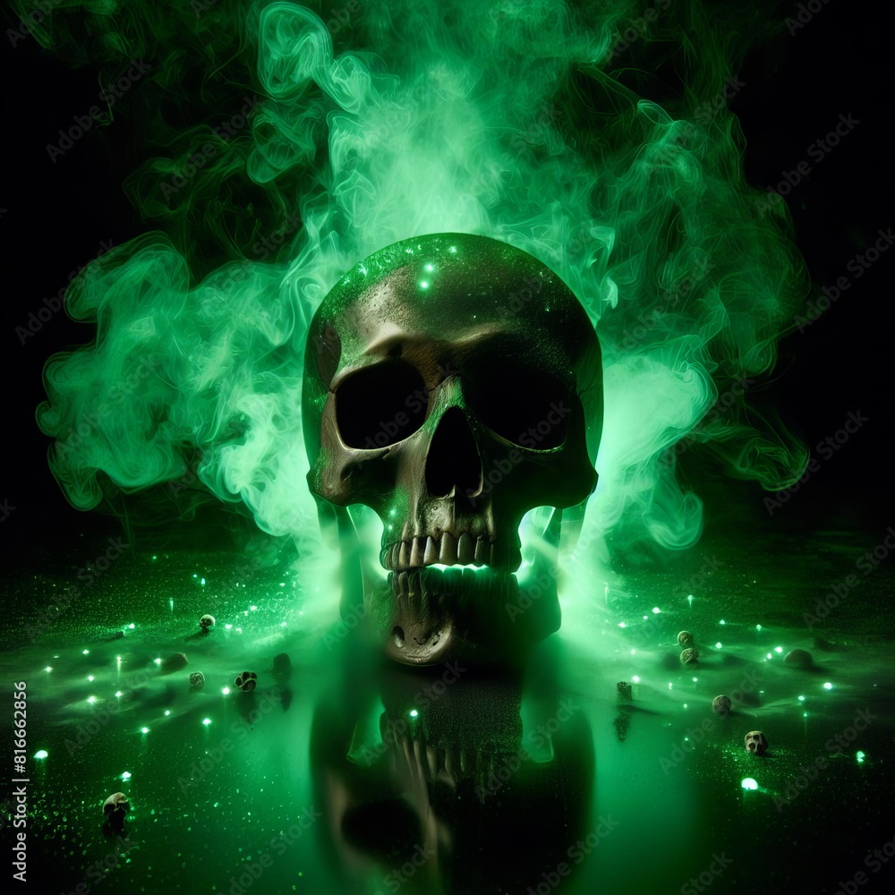 Poster a striking green-lit skull emerges from mist, with reflective surface and smoke creating a mysteriou