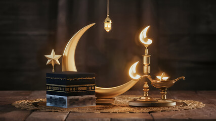 Unveiling the symbols of Eid al Adha, star and crescent, Kaaba, and oil lamps mockup template