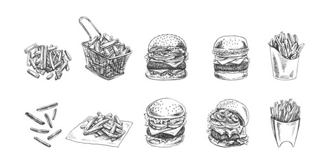 Burgers and potato french fries set. Hand drawn sketch of different burgers and french fries. Fast food retro vector illustrations collection isolated on white background. Vintage illustration.