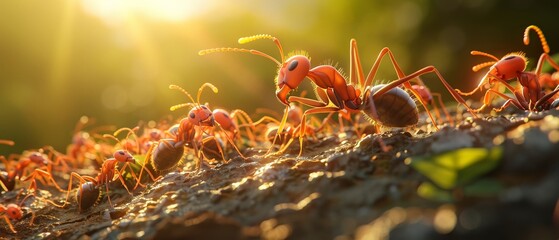Amazing close-up of a colony of red ants marching in a single file carrying food back to their nest in the early morning sunlight.
