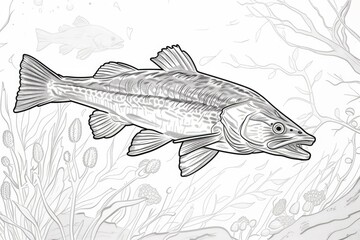 Fototapeta premium Intricate black and white sketch of a fish among underwater plants