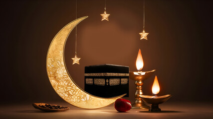 Unveiling the symbols of Eid al Adha, star and crescent, Kaaba, and oil lamps mockup template