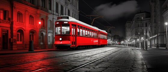 The red tram is passing through the city at night. The light from the tram is reflecting off the wet street.