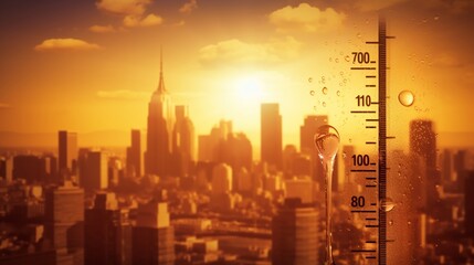 The photo shows a thermometer in front of a cityscape with the sun in the background. The thermometer is reading 100 degrees Fahrenheit