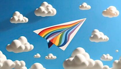 "Rainbow Decorated Paper Plane Soaring in Clear Blue Sky"
