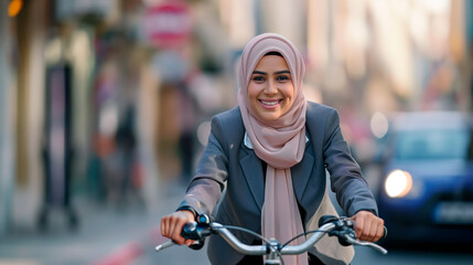 Young smiling eastern woman in hijab and business casual attire riding a bicycle on her way to work