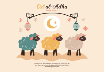 Eid Al Adha Mubarak flat vector illustration with three cute sheep, ornaments and text for greeting card design. Eid Mubarak, arabic children illustration for muslim festival celebration