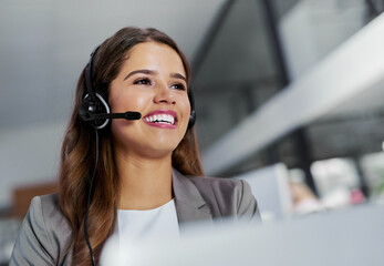 Happy woman or CRM and telemarketing at call centre for customer service, contact and questions....