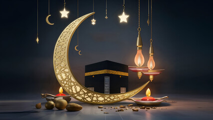 Unveiling the symbols of Eid al Adha, star and crescent, Kaaba, and oil lamps mockup template