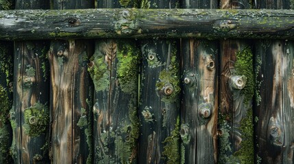 A fence made of dense wooden logs and moss Textured surface