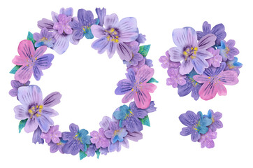 Flowers floral lilac border wreath, bouquet set. Watercolour flower round decor hand drawn illustration. Seasonal painted delicate botanical. Isolated background. Greeting cards, invitation