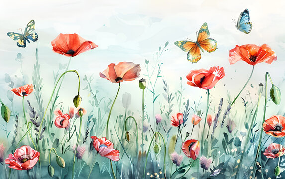 Beautiful spring meadow with colorful flowers and butterflies, watercolor painting. poppies along the bank of a stream. watercolor springtime widescreen background with colorful illustrated.