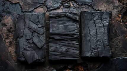 Luxurious display of natural wood charcoal, top view, set on an isolated, studio-lit background to highlight the charcoal's rich texture