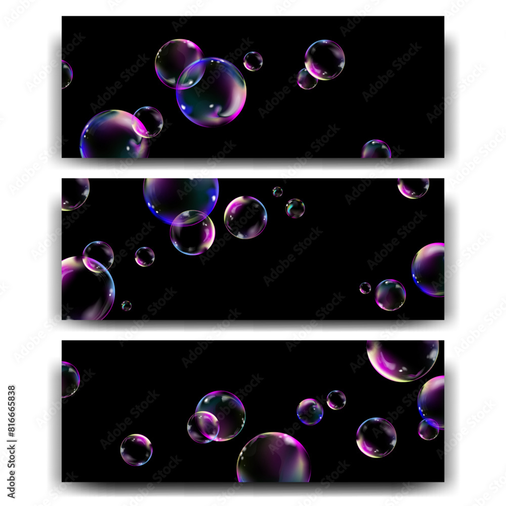 Poster realistic transparent bubbles banner template set.horizontal banners or flyers background with rainb