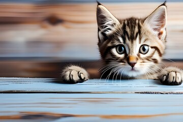 Kitten head with paws up peeking over blue wooden background. Little tabby cat curiously peeking...