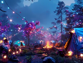 Convey the serenity of a neon-lit campground in a photorealistic 3D rendering