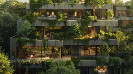 Intimate view of sustainable urban architecture with dense tree cover and rooftop gardens, emphasizing ecological design, isolated background