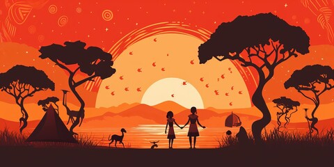 Naklejka premium The silhouettes of a man and woman holding hands as they walk toward the viewer with an orange backdrop of the setting sun and African animals.