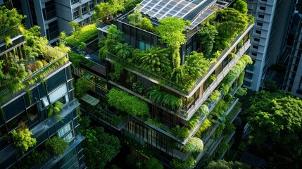 Intimate view of sustainable urban architecture with dense tree cover and rooftop gardens, emphasizing ecological design, isolated background