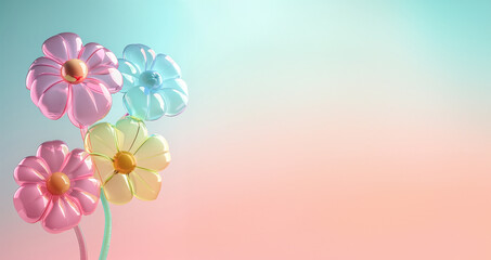 flowers on a Pastel background. balloon flowers transparent inflatable balloons on isolated on a blue-pink gradient background.copyspace