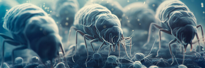 Dust mite colony microscopic view allergy and indoor allergens concept