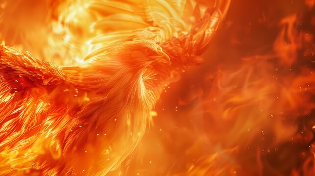 Intimate view of a phoenix rising from its ashes, close-up on the fiery spectacle, its feathers ablaze, embodying the power of renewal