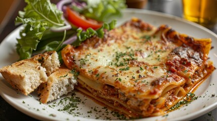 Intimate shot of a hearty portion of lasagna with side salad and garlic bread, focusing on the lush textures, studio lit, isolated background