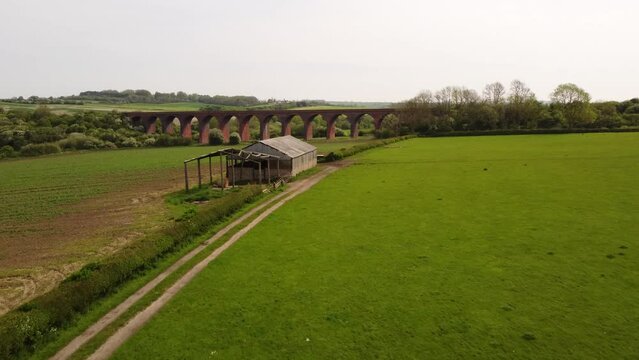 An aerial view of the Ledbury Viaduct bridge in England during daylight