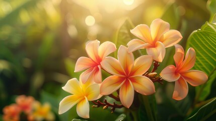 Fototapeta premium Intimate close-up of tropical Plumeria flowers, showcasing their intricate details and lush background, ideal for clarity in ads