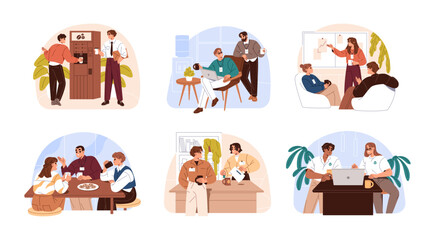 Fototapeta premium People are on coffee break set. Business team drinks tea during discussion. Employees, colleagues chat, talk at lunch time at corporate kitchen. Flat isolated vector illustrations on white background