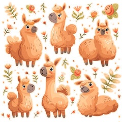 set of cute cartoon alpaca ilama character illustration in various poses. Collection for prints posters or sticker. Kids vector hand drawn illustration. Transparent background